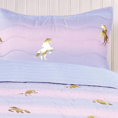 Tadpoles 2-Piece Girls Unicorn Quilt Set | Twin Bed Size Quilt & Standard Sham | 100% Micro-Denier Polyester | Metallic