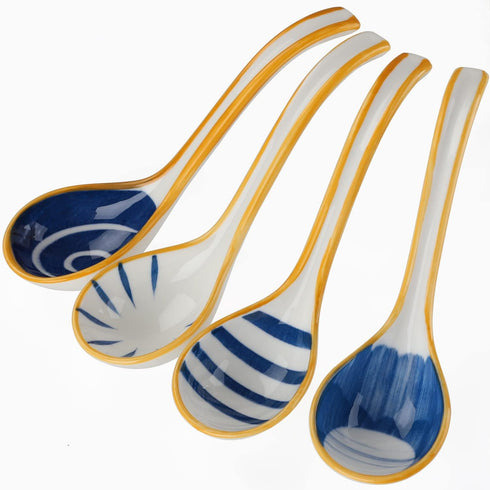 Ceramic Soup Spoons Set of 4, Long Handle Porcelain Japanese Soup Spoons for Pho Ramen Noodles