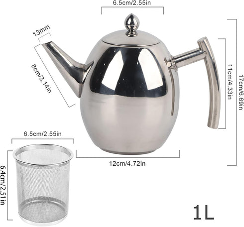 Durable Stainless Steel Teapot, Tea Coffee Pot Water Kettle with Filter, Large Capacity (1L)