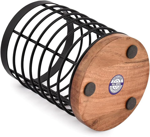 Black Iron Kitchen Utensil Holder with Acacia Wooden Base, Round Flatware Storage for Countertop (4.5" x 4.5" x 6")
