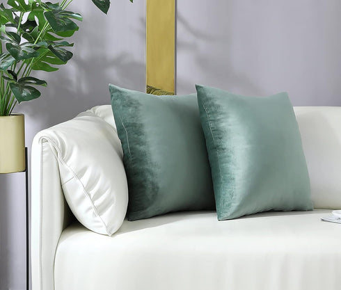 mixeoo Decorative Square Throw Pillow Covers, Set of 2, 18 x 18 Inch, Comfy Thick Velvet Couch Cushion Cases, Sage Green