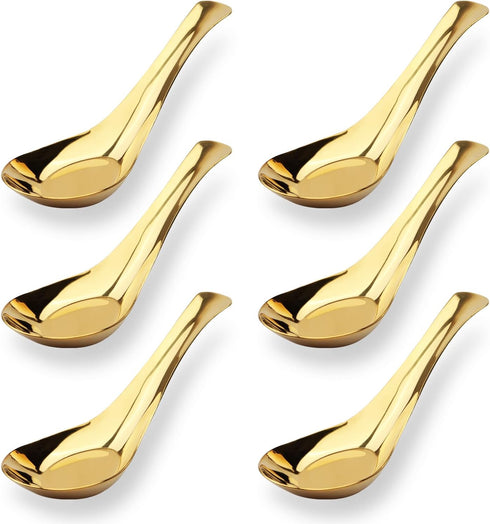Asian Stainless Steel Soup Spoons Set of 6, Gold Silverware for Ramen, Pho, Wonton, Dumpling Noodles