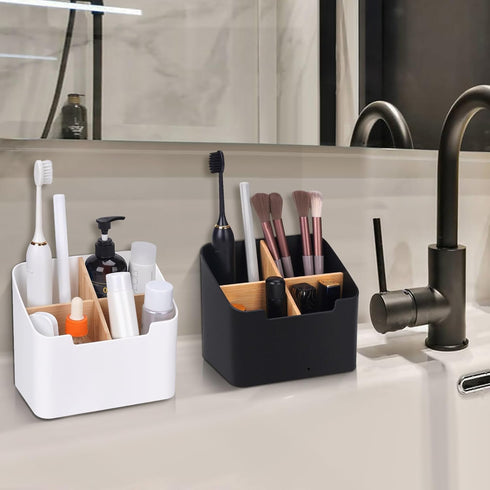 Black Toothbrush Holders for Bathrooms, Electric Toothbrush and Toothpaste Caddy with Bamboo Divider for Countertop