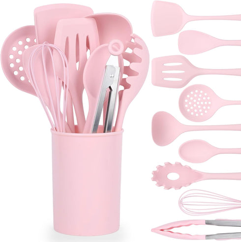 LOVEINUSA 10PCS Silicone Cooking Utensils Set, Heat Resistant Gadgets Tools for Nonstick Cookware, Dishwasher Safe Pink