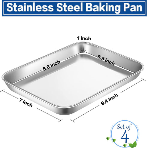 P&P CHEF Stainless Steel Toaster Oven Pan Set, 4-Pieces Mini Baking Pans, Round Smooth Edges & Healthy & Easy Clean, Rectangle 9 x 7 Inches
