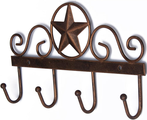 Metal Barn Star Key Rack Holder, Wall Mounted Decorative Key Holder with 4 Hooks, Dark Brown