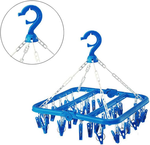 SteelFever Clothes Drying Hanger, Foldable Drying Rack with 32 Clips for Clothes, Underwear, Socks (Blue)