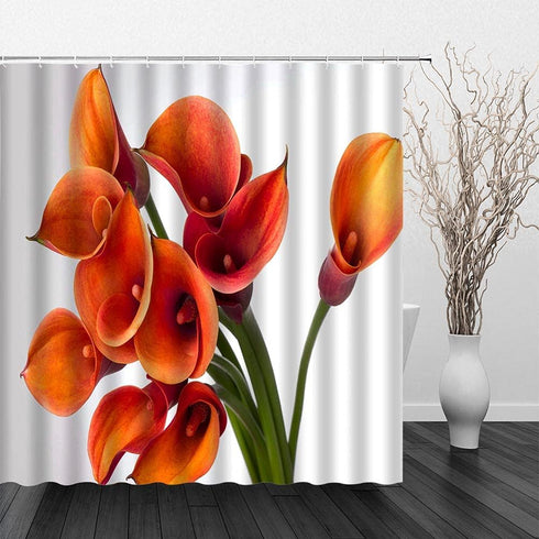 Orange Flower Shower Curtain - Burnt Orange Calla Lily Floral Beautiful Romantic Love Spring Decorative Polyester