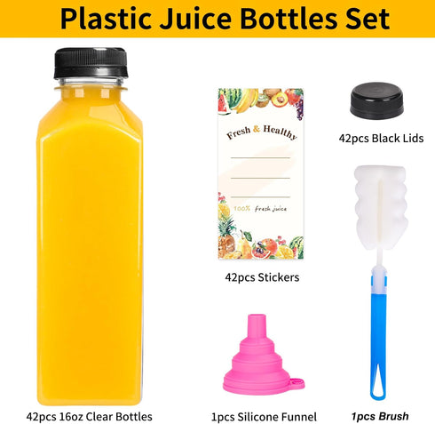 42pcs 16oz Moretoes Plastic Juice Bottles with Caps, Reusable Juicing Bottles with Lids, Clear Containers for Smoothies