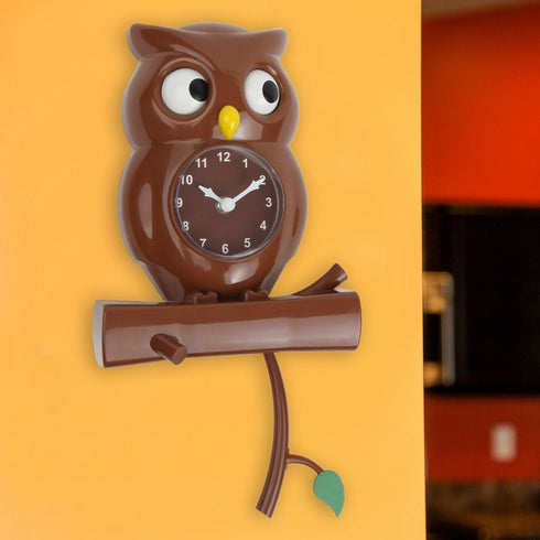 Lily's Home Pendulum Owl Clock, Brown (15 Inches) – Battery Powered, Revolving Eyes, Whimsical Bedroom Décor