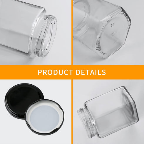 Woaiwo-q 16 oz 12 Pack Tags,15m Hexagon Glass Honey Jars, Hexagon Glass Jars with Black Lids,Wooden Honey Sticks,Bronzy