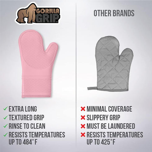 Gorilla Grip Heat and Slip Resistant Silicone Oven Mitts Set, Waterproof, Long Flexible Gloves for Cooking, Pink