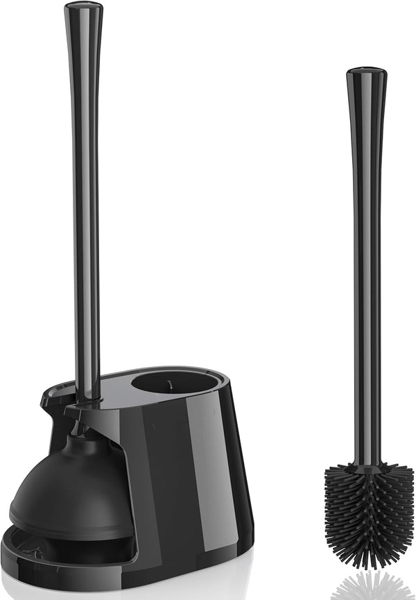 Toilet Plunger and Brush Set, Silicone Bowl Brush and Heavy Duty Toilet Plunger with Ventilated Holder