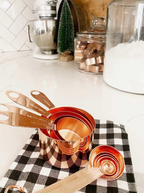 Copper Measuring Cups and Spoons - Stainless Steel 9 Pieces with 2 Rings