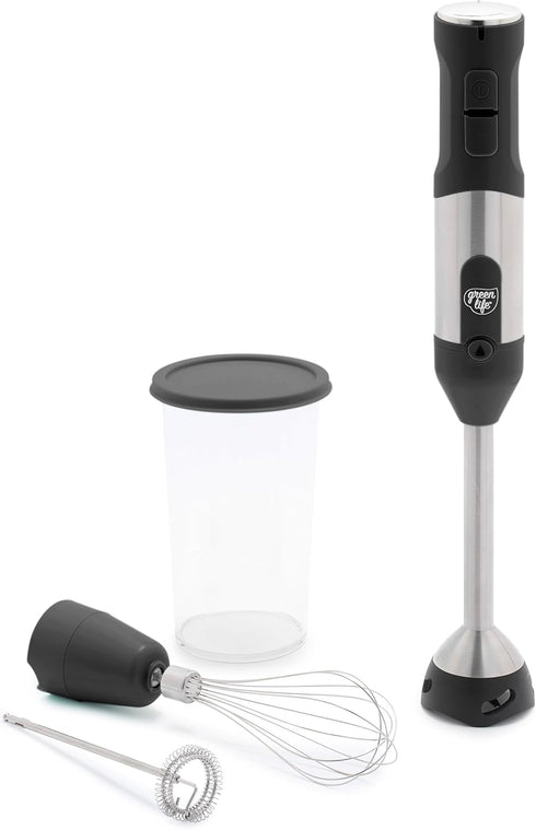 GreenLife 500-Watt Immersion Electric Handheld Stick Blender, Multi-Speed Control, with Whisk, Frother, Measuring Cup