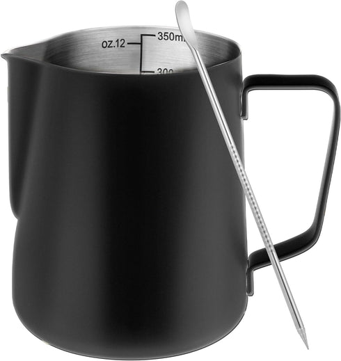 Milk Frothing Pitcher, 12oz Stainless Steel Cup with Clear Scale, Cappuccino Accessories for Barista Coffee Bar