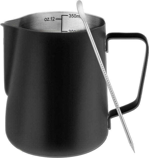 Milk Frothing Pitcher, 12oz Stainless Steel Cup with Clear Scale, Cappuccino Accessories for Barista Coffee Bar