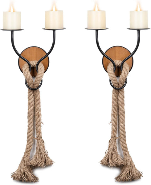 Set 2 Aimto Wall Sconce Candle Holder Wall-Mount Metal and Wooden Candle Holders Hanging Iron Wall Candle Sconce Holder