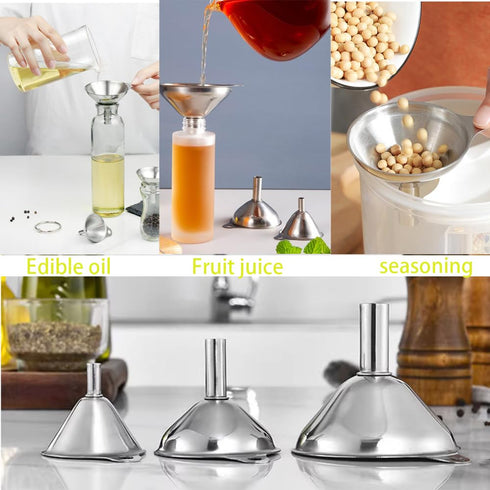 Kitchen Funnels Set for Bottles, 3pc Small/Medium/Large Stainless Steel Metal Funnels with 2 Cleaning Brushes