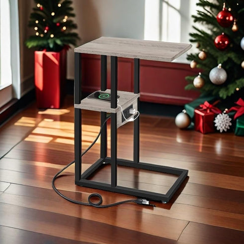 V1TB01BG043 TUTOTAK C Shaped End Table with Charging Station, Side Table for Small Spaces, Living Room, Bedroom
