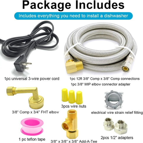 Universal Dishwasher Installation Kit, 12 Ft Stainless Steel Hose with Burst Proof Water Supply Line & 3/8" Compression