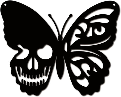 CREATCABIN Skull Butterfly Metal Wall Art Decor, Black Iron Sculpture for Indoor Outdoor Home Decoration