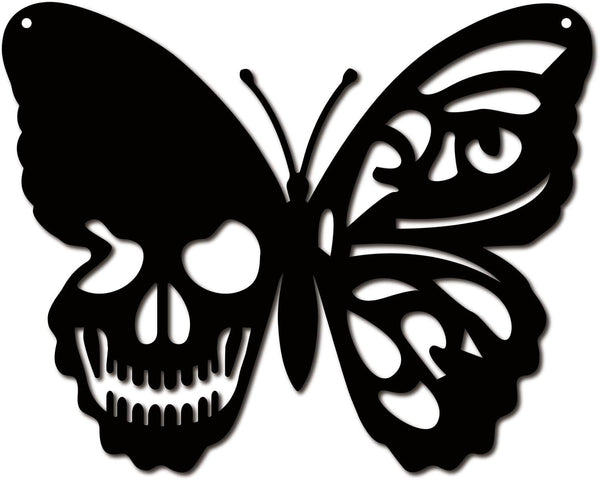 CREATCABIN Skull Butterfly Metal Wall Art Decor, Black Iron Sculpture for Indoor Outdoor Home Decoration