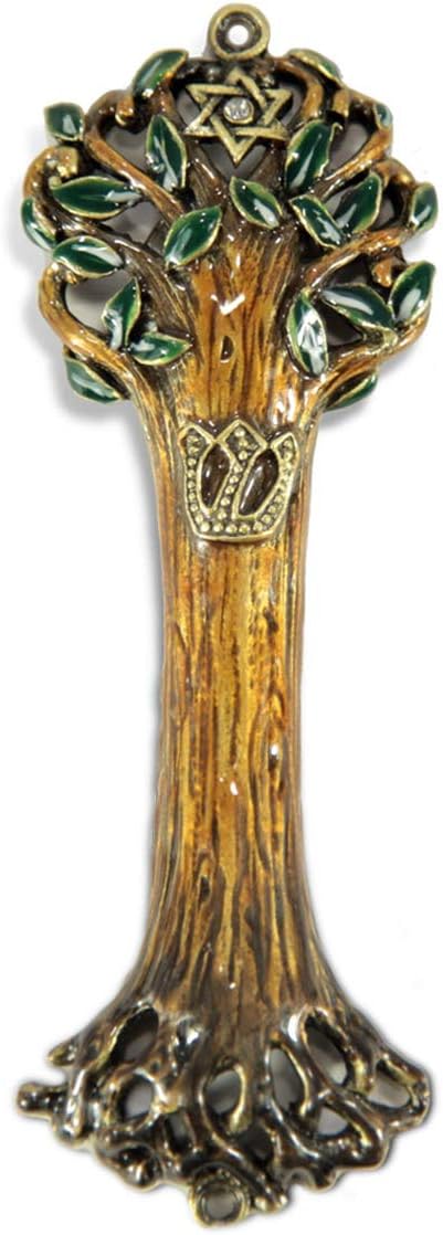 Mezuzah Case Cover with Tree of Life Artwork, Wooden Texture Design, 4" Brass Crafted for Jewish Homes, Rainbow Color