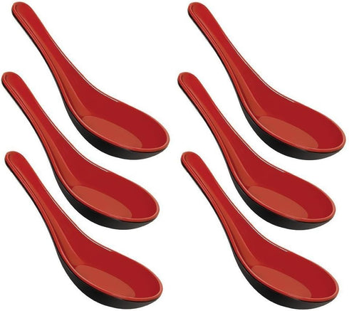 Happy Sales Melamine Soba Rice Spoons - 6 Pack, Chinese Won Ton Soup Spoon, Asian Red and Black