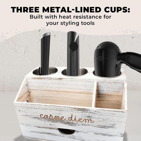 Bathroom Hair Tool Organizer, White Blow Dryer Holder, Rustic Hair Organizer Storage for Vanity with Brush Holder
