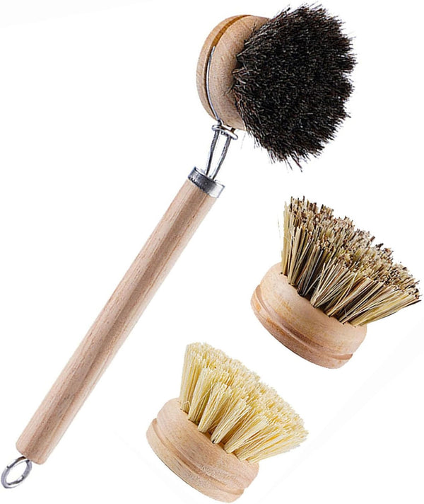 SUPRNN Bamboo Dish Brush with Handle, 1 Sturdy Wooden Handle with 3 Natural