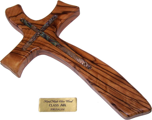 Holy Land Market Cross, Olive Wood Cross with Mother of Pearls, 8 Inch Contemporary Design