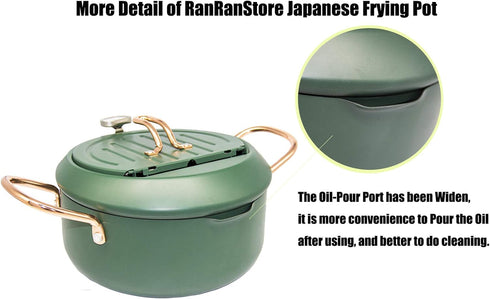 Japanese Tempura Deep Fryer Pot - Nonstick Carbon Steel Oil Fryer with Thermometer, 3.5L, Green Big Tempura Pan