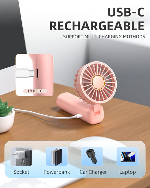 FrSara Mini Handheld Fan, Rechargeable Small Folding Fan, 3-Speed, 2000mAh Power Bank, Portable for Outdoor Travel