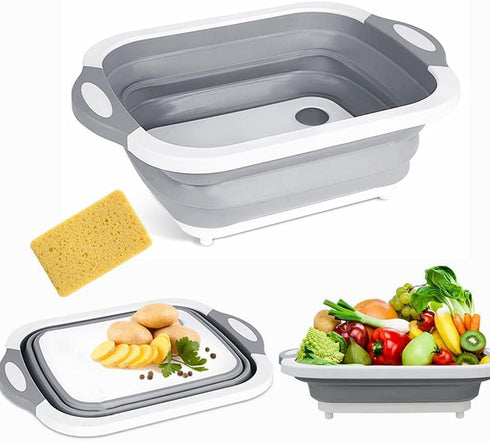 Folding Cutting Board with Draining Plug, Multi-Function Collapsible Basket for Washing Fruits and Vegetables