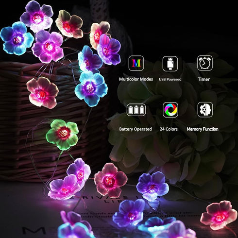 13ft 40LED OMIKA Multicolor Flower Lights Cherry Blossom String Lights Battery Operated & USB Powered, Fairy Lights
