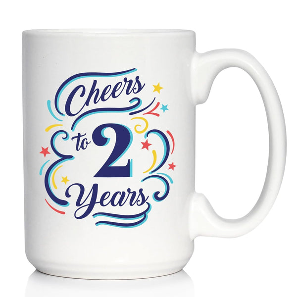 Cheers to 2 Years Coffee Mug Gift, 15oz White Ceramic Mug for Women & Men, 2nd Anniversary Party Decor