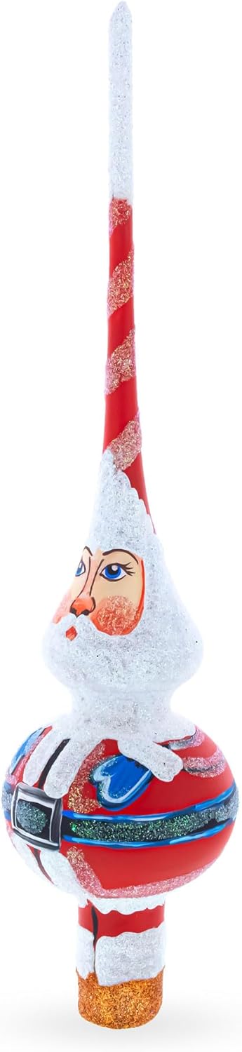 Santa in Red & White Suit Glass Christmas Tree Topper - 11 Inches