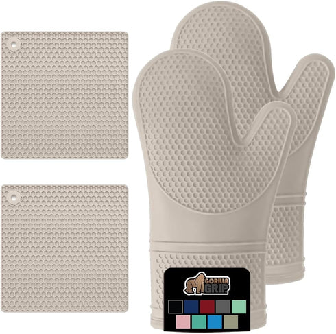 Gorilla Grip 4 Piece Silicone Oven Mitt and Trivets Set, Heat and Slip Resistant, Waterproof, Cotton Lined Gloves,