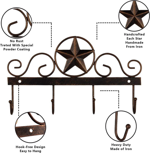 Metal Barn Star Key Rack Holder, Wall Mounted Decorative Key Holder with 4 Hooks, Dark Brown