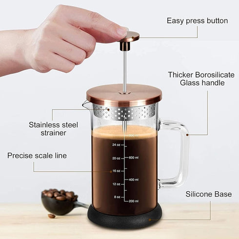 French Press Coffee Maker, 34 Ounce with 4 Filters System, Stainless Steel Plunger, Borosilicate Glass
