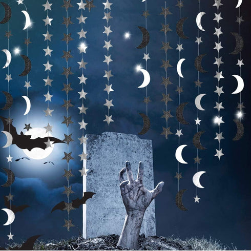 Cheerland Black Silver Moon Decoration - Star and Gothic Summerween Decor Garland for Birthday and Halloween