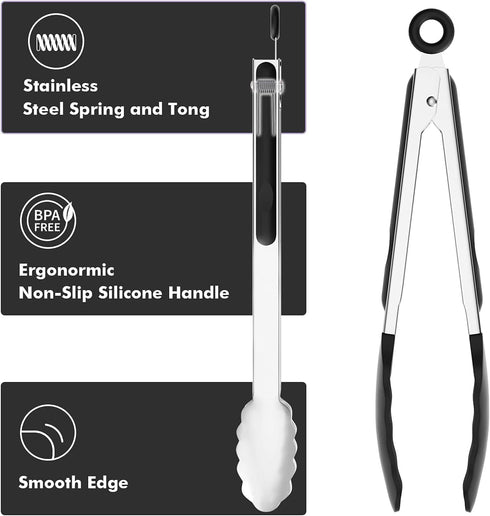 Set of 2 Cooking Tongs, 600ºF High Heat-Resistant Kitchen Utensils for Grill, Salad, BBQ, Frying, Serving