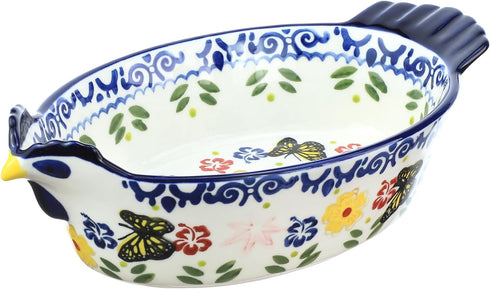 Vintage Chicken Shape Pie Pan, Butterfly and Flower Pattern Ceramic Bakeware Casserole Dish, 25 OZ Baking Pan for Oven