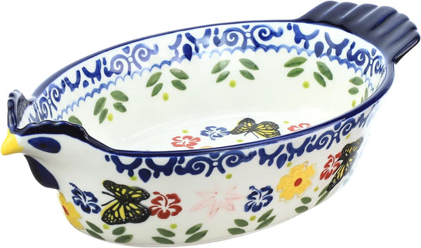 Vintage Chicken Shape Pie Pan, Butterfly and Flower Pattern Ceramic Bakeware Casserole Dish, 25 OZ Baking Pan for Oven