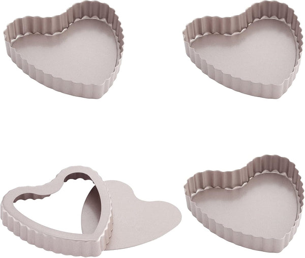 CHEFMADE Mini Tart Pan Set, 4-Inch 4Pcs Non-Stick Heart-shaped Quiche Bakeware for Oven and Instant Pot (Champagne Gold)