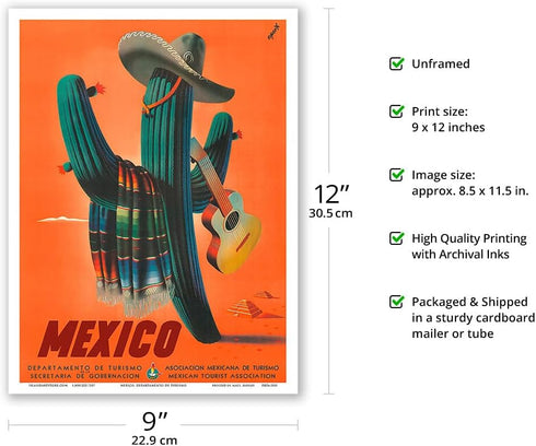 Mexico - Señor Cactus wearing Sombrero, Serape and Guitar, Vintage Travel Poster by Espert c.1945, 9in x 12in