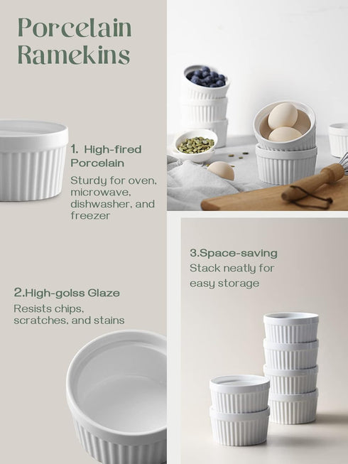 DOWAN 6 oz Ramekins - Oven Safe Ceramic Bowls for Creme Brulee Souffle, Set of 6, Classic White
