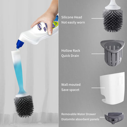 Toilet Brush and Holders, Refillable Wall Mount Silicone Toilet Brush with Ventilated Holder for Bathroom
