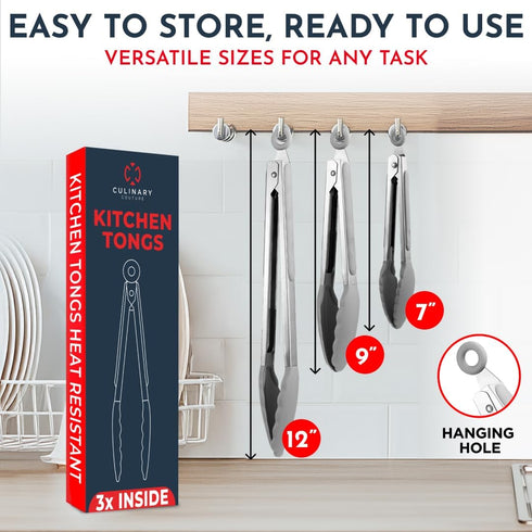 Kitchen Tongs Set of 3 for Cooking, 7-Inch, 9-Inch, 12-Inch Locking Silicone Tips, Grey